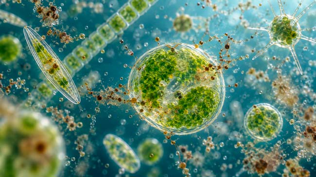 Representación científica de microalgas incorporando contaminantes orgánicos disueltos en el agua