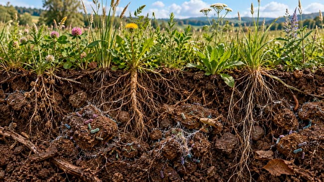Pastizal con distintas plantas y un subsuelo rico en comunidades bacterianas