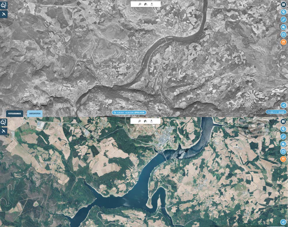 Comparativa del antiguo Portomarín antes del embalse de Belesar y el paisaje actual
