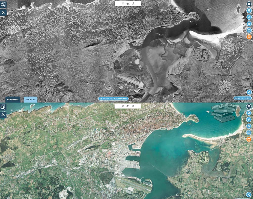 Comparativa de Raos y la bahía de Santander entre 1956 y la actualidad mostrando los rellenos costeros