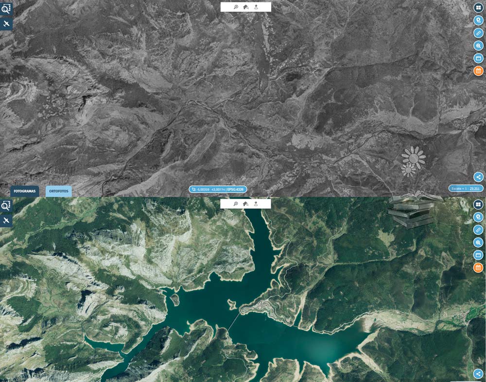 Comparativa del valle y antiguo pueblo de Riaño en 1956 y el embalse actual