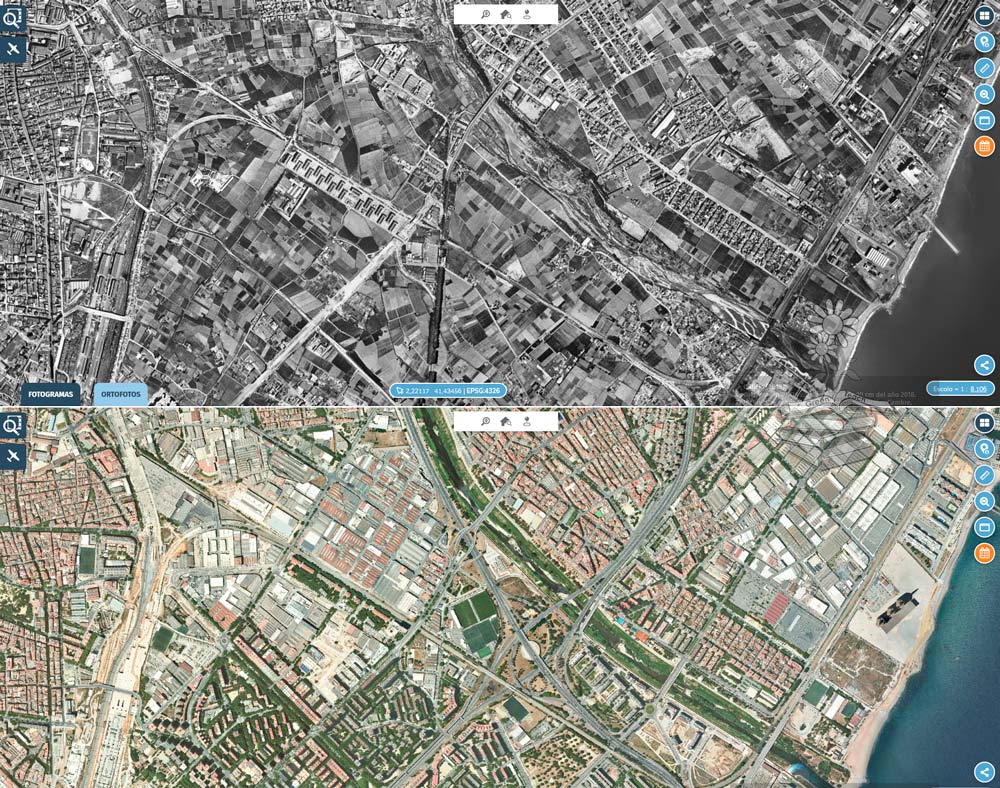 Comparativa del río Besòs y su entorno urbano entre 1956 y la actualidad