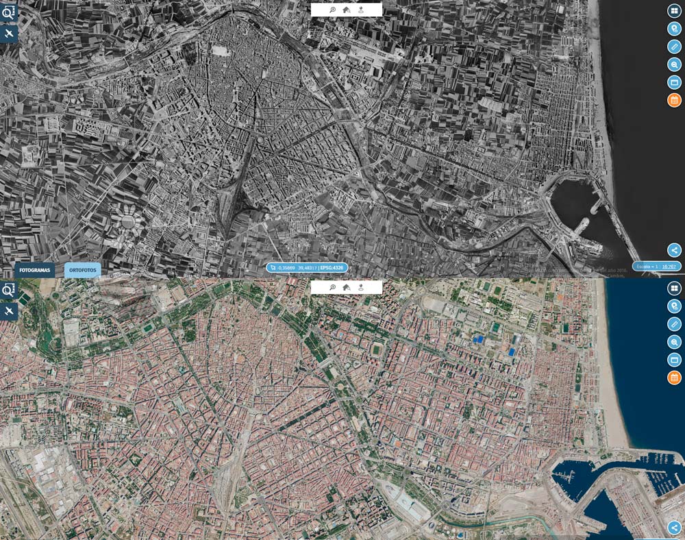 Comparativa del antiguo cauce del río Turia en Valencia en 1956 y el Jardín del Turia actual