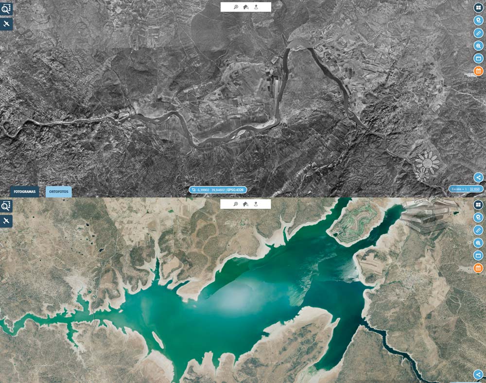 Comparativa de Talavera la Vieja y el valle del Tajo en 1956 con el embalse de Valdecañas actual