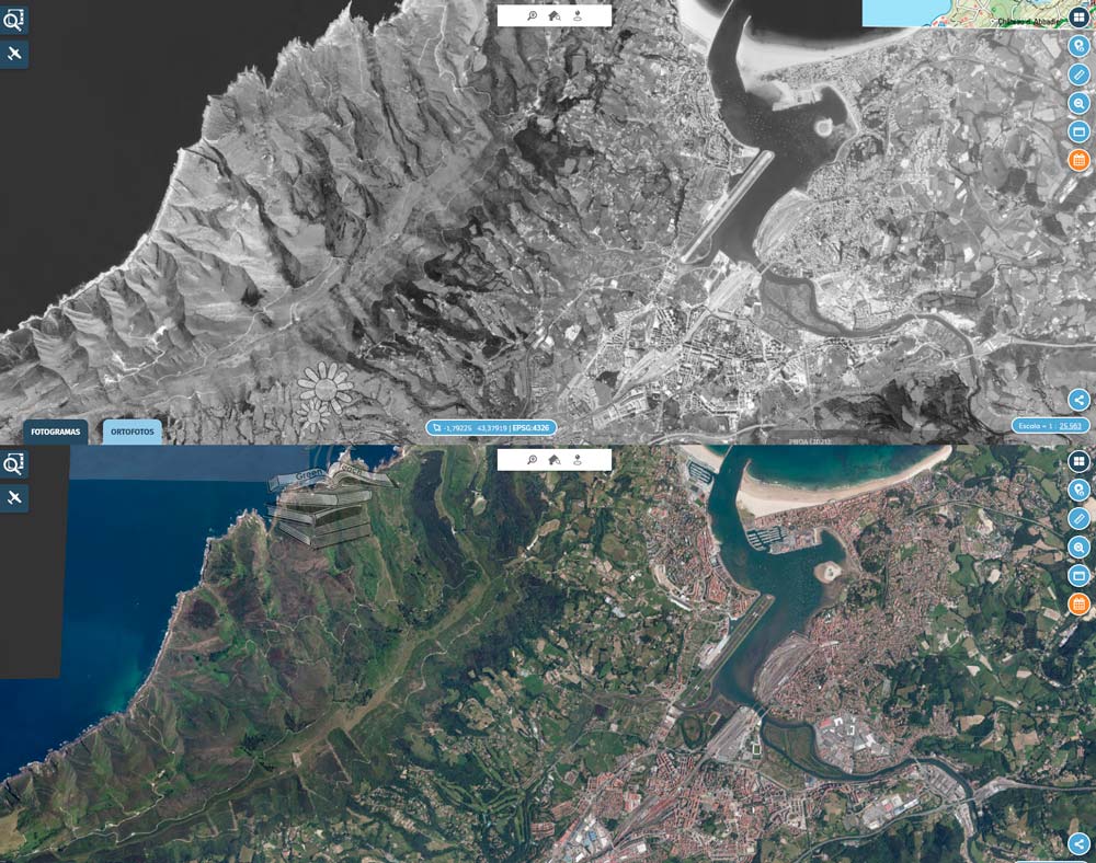 Comparativa de las marismas de Txingudi y Plaiaundi entre 1956 y la actualidad