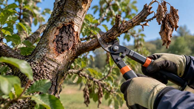 Poda sanitaria de una rama afectada por necrosis o enfermedad en un árbol