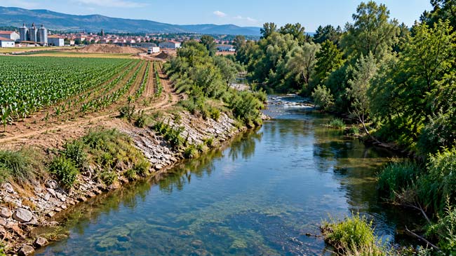 Río con una ribera agrícola intensificada y otra con vegetación natural diversa, mostrando distintos niveles de complejidad ecológica